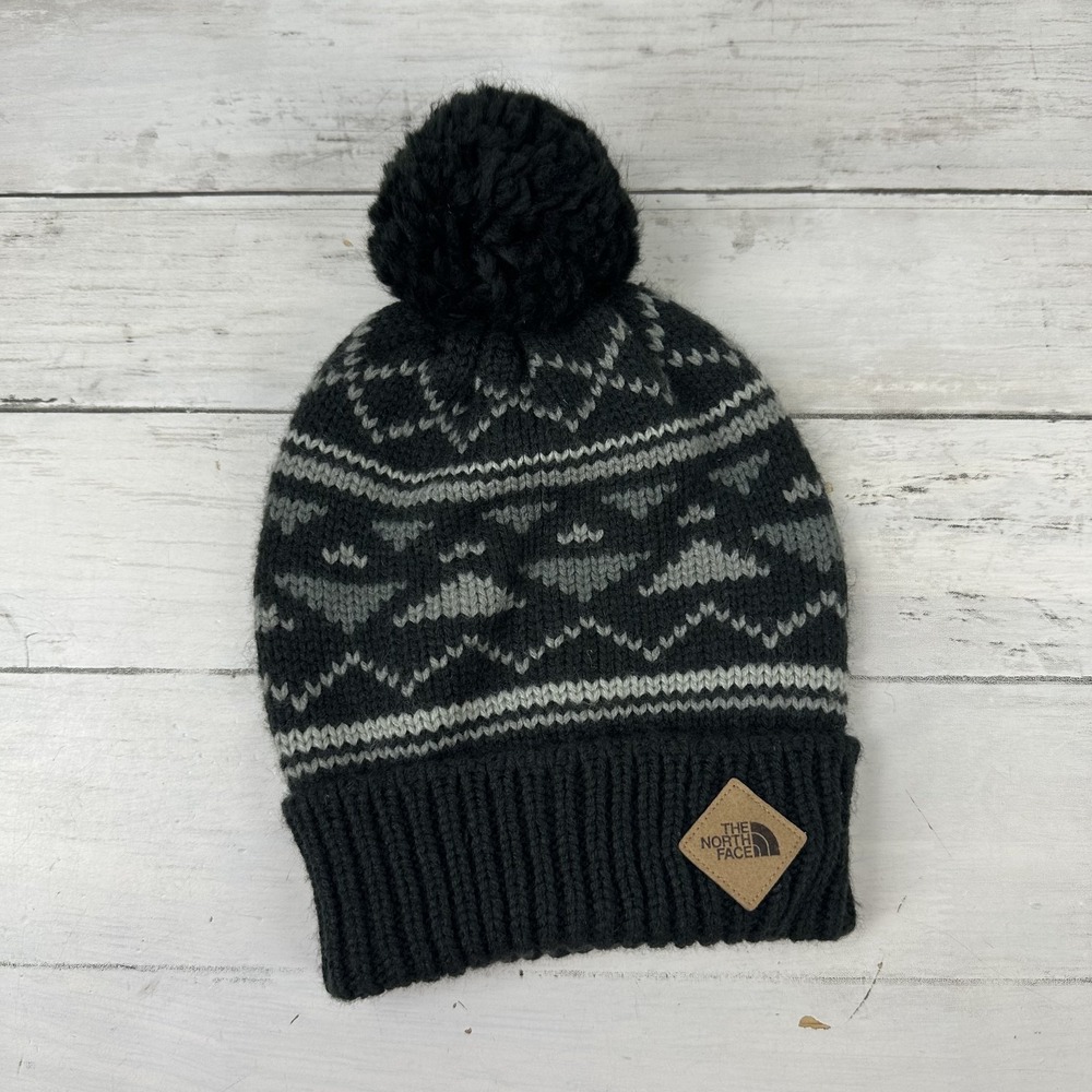 The North Face Black and Gray Patterned Pom Beanie